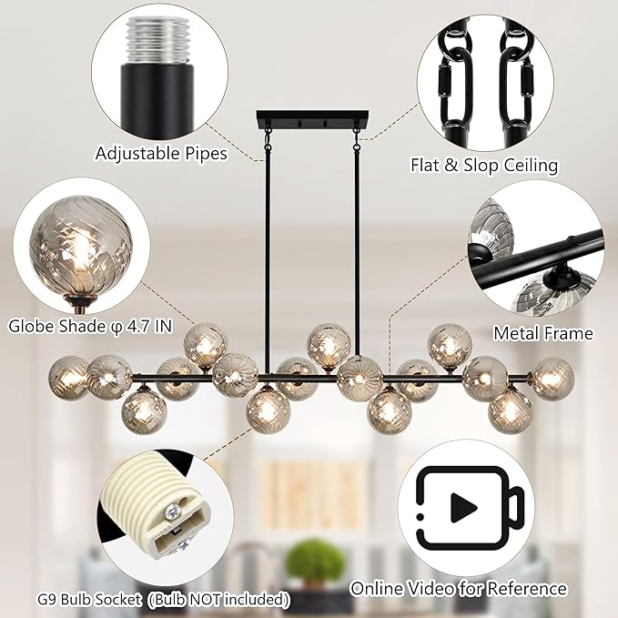 Dining Room Light Fixture 16-Light Large Chandelier Farmhouse Chandeliers for Dining Room Linear Sputnik Chandelier Smoke Gray Swirled Globe Glass Bubble Black Modern Pendant Lights Kitchen Island