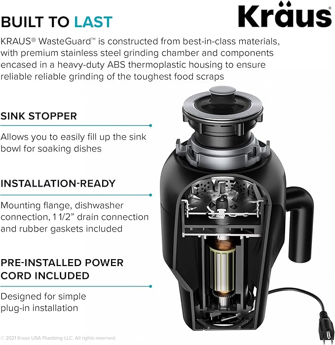 KRAUS Kore Workstation 27-inch Undermount 16 Gauge Stainless Kitchen Sink, Single Bowl Kitchen Sink with 3/4 HP Garbage Disposal, KWU110-27-100-75MB