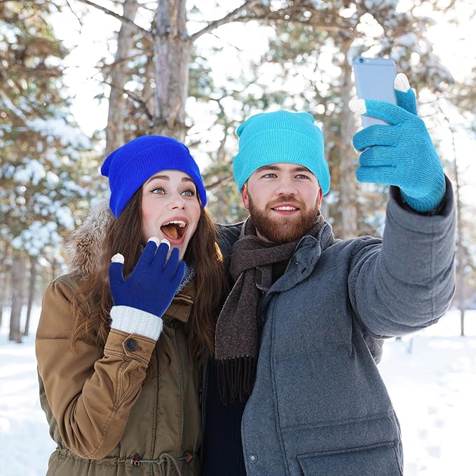 Kenning 56 Pcs Winter Beanies and Gloves Combo Kit Include 28 Pair Winter Gloves 28 Pcs Knitted Beanies Unisex Hats for Adult