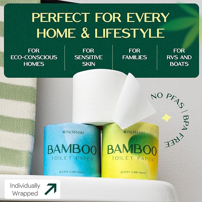 Premium Bamboo Toilet Paper | 3-Ply – Strong & Absorbent | Tree-Free, FSC Certified, BPA/PFAS-Free | Septic-Safe, Lint-Free | 18 Rolls (300 Sheets/Roll) | PALM NAKI