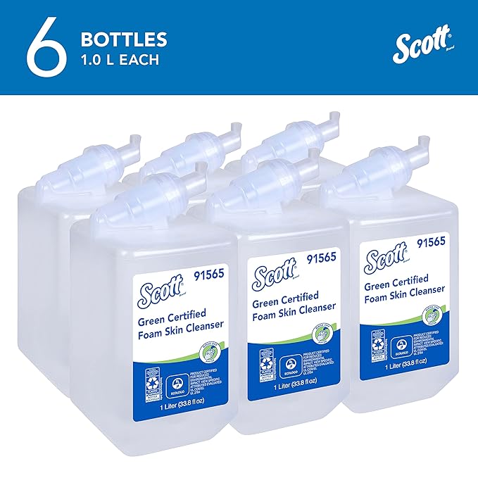 Scott Professional Green Certified Foam Hand Soap (91565), 1.0 L, Foaming, Clear, No Fragrance Added, Manual Refills, Ecologo, NSF E-1 Rated (6 Bottles)