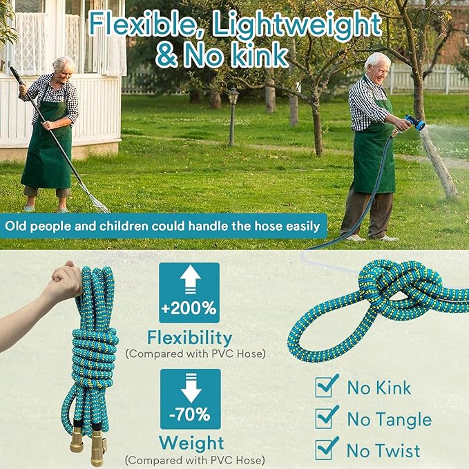 Expandable Garden Hose 100 ft - 2025 Upgraded No Kink Retractable Water Hose 100ft with 10 Pattern Spray Nozzle, Solid Brass Fittings, Expanding Latex Core, Strong Fabric, Super Lightweight & Flexible