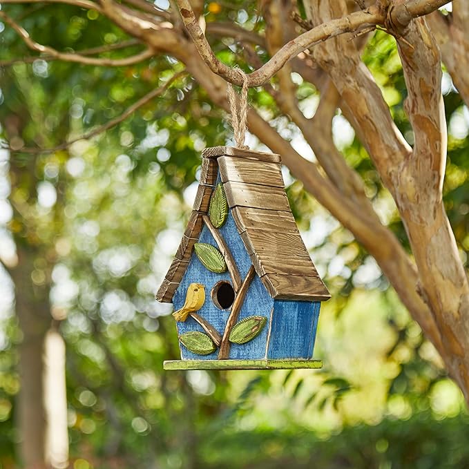 Glitzhome 9.5" H Hanging Bird House for Outdoor Patio Garden Decorative Pet Cottage Distressed Wooden Birdhouse with Natural Wood Slatted Roof and 3D Tree,Washed Blue