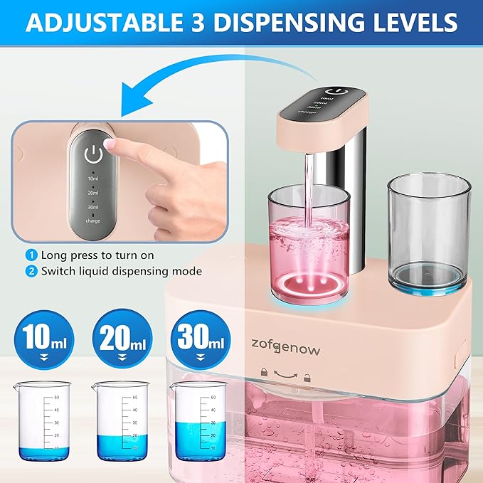 Upgraded Automatic Mouthwash Dispenser for Bathroom,Bathroom Accessories 17.6 FlOz Dispensers with Magnetic Cups,Adjustable Dispensing Levels, Pink