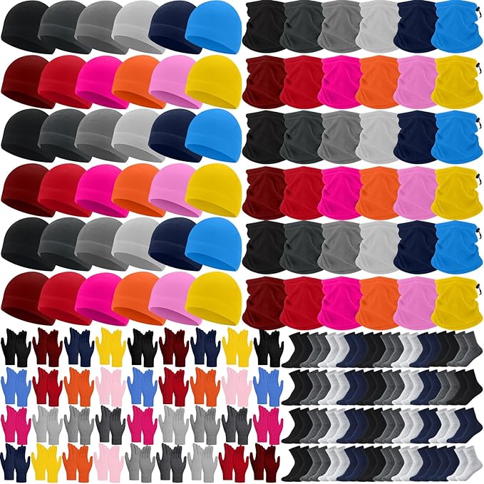 Liitrsh 148 Pcs Bulk Winter Fleece Hats Gloves Scarf Sock Sets for Men Women, Beanies for Homeless Donation Charity Bundle
