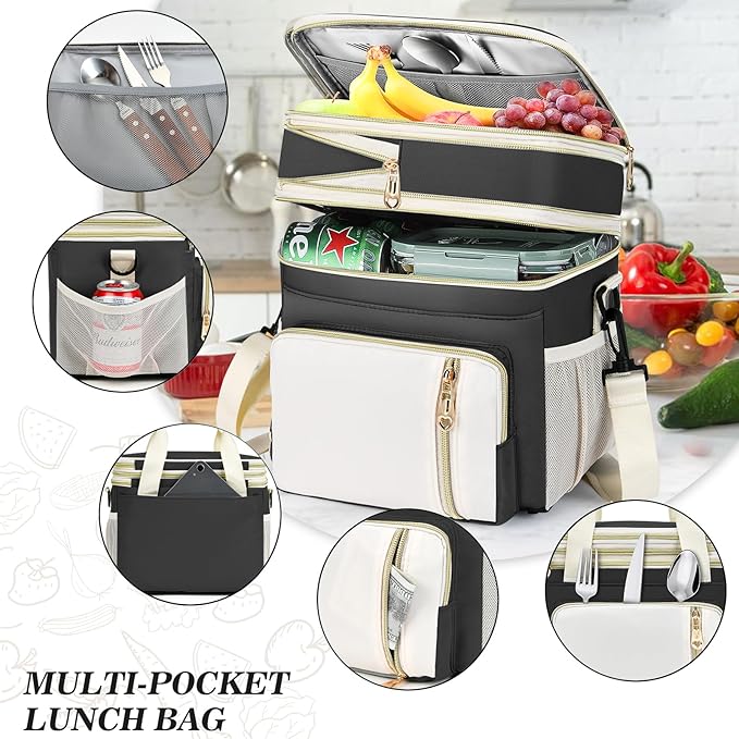 LOKASS Expandable Lunch Box for Women Men | Adult Lunchbag Cooler Tote Bag with Adjustable Shoulder Strap | Insulated Reusable Womens Lunch Bags for Work Camping Beach | 16L, Black-Polyester