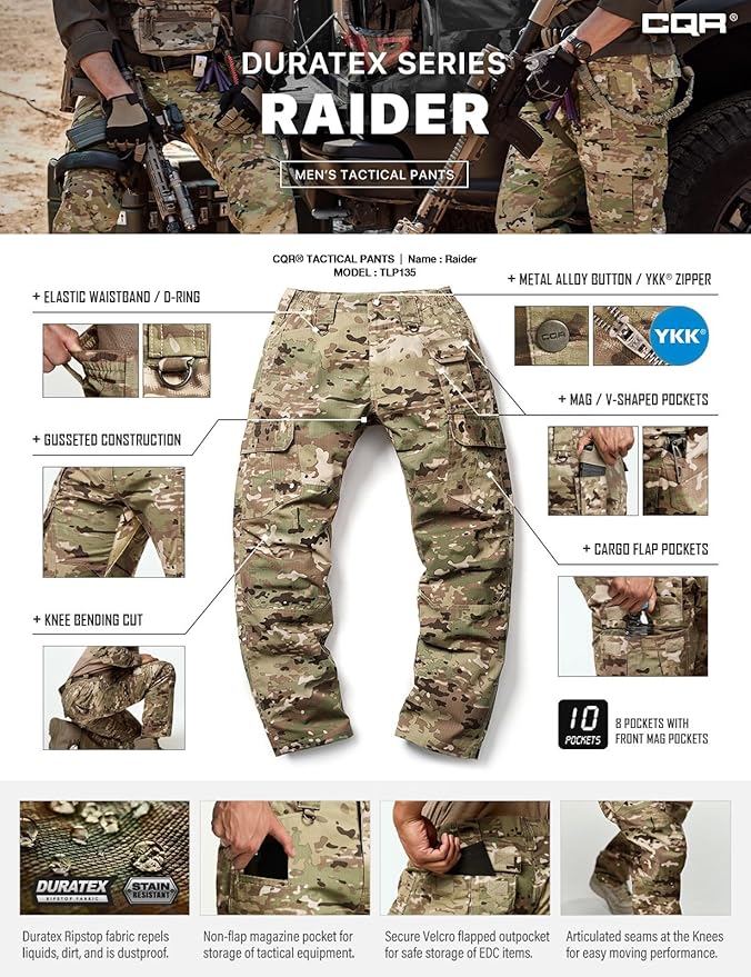 CQR Men's Tactical Pants, Water Resistant Ripstop Cargo Pants, Lightweight EDC Work Hiking Pants, Outdoor Apparel