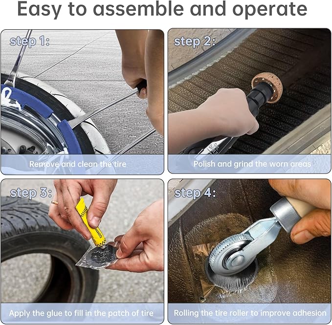Air Tire Repair Polish Patch Tools, Include 2500rpm Low Speed Air Tire Buffer, Tire Inner Liner Scraper, Patch Roller, Tungsten Steel Buffing Wheel 42mm 55mm