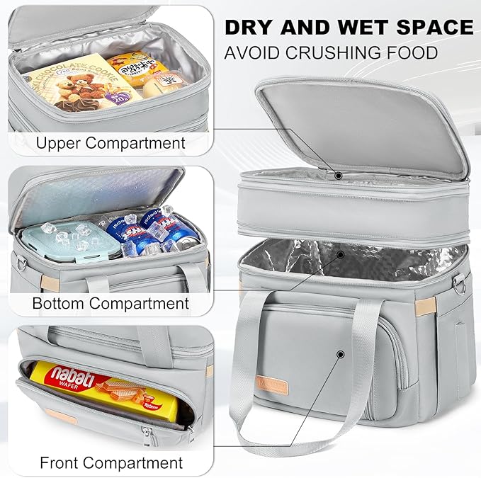 Lunch Box for Men Women - Double Deck Insulated Lunch Bag, Large Leak Proof Tote Cooler, Wide Open Dual Compartment Lunch Bags with Shoulder Strap, For Work Picnic Hiking Beach, Grey
