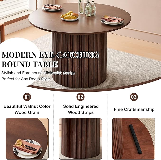 Kitchen Dining Table Set for 4, Farmhouse Round Dining Room Table and 4 Seated Dining Accent Chairs Curved Backrest&Armrest, Modern Dining Room Table Set for Home Dining Hall