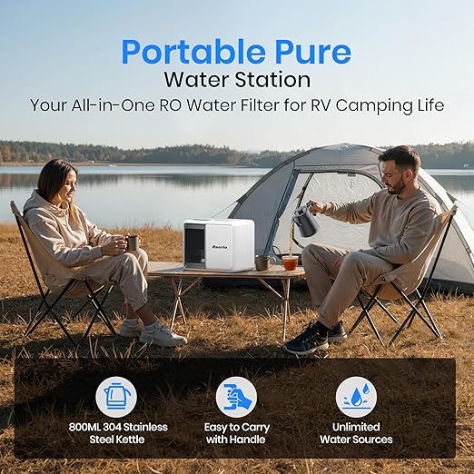RP001W Portable Water Filter Reverse Osmosis Countertop, 5 Stage UV RO Filtration 1.06 Gal Water Tank,304 Stainless 0.8L Heating Kettle, Portable Water Purifier Dispenser for RV/Travel/Home, White