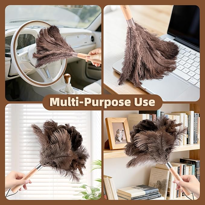 2 PCS Ostrich Feather Dusters with Wooden Handle, 13.5 inch Natural Fluffy Feather Dusters for Dusting Home, Car, Delicate Surfaces, Reusable Soft Cleaning Tools for Ledges, Blinds