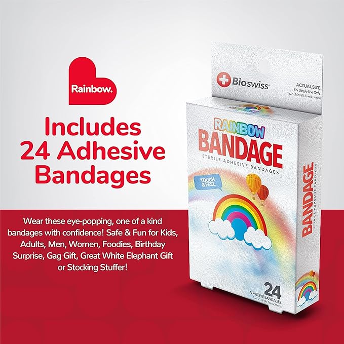 BioSwiss Kids Bandages, Rainbow Shaped Self Adhesive Bandage Set, Latex Free, Sterile Wound Care, 24 Count