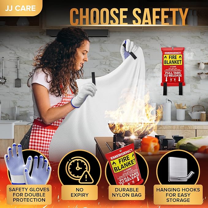 JJ CARE Fire Blanket – 4 Packs with Hooks and Gloves – 40” x 40” Fire Blankets Emergency for Home and Kitchen, High Heat Resistant and Flame Protection for Kitchen, Car, Office, Camping & Home Safety