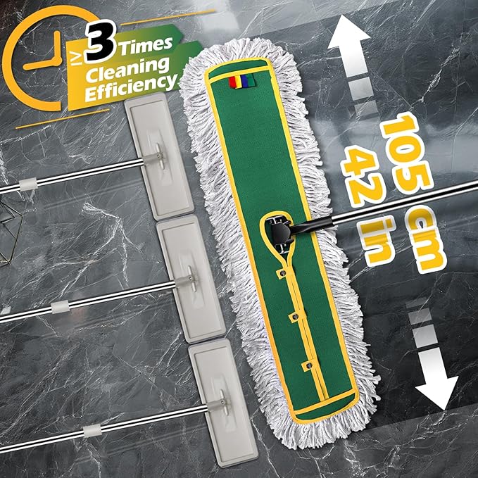 42" Commercial Dust Mop for Floor Cleaning, MASTERTOP Large Flat Mop with Long Handle, Sweeping Broom with 2 Different Mops Pads, Industrial Mop for Hardwood, Tile, Gym, Office, Mall, Warehouse