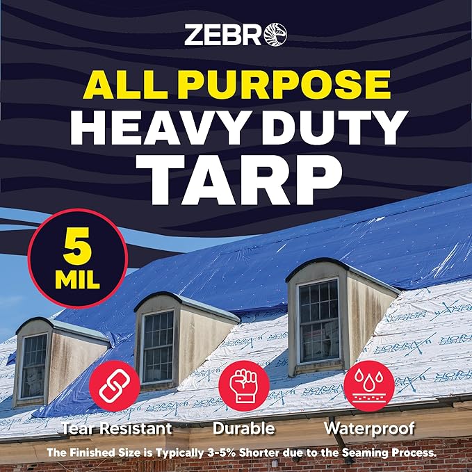 10' x 16' Blue Tarp with Grommets Reinforced - 5 Mil Thick - Durable UV Resistant Plastic Tarps Waterproof - Large Tarpaulin Cover for Outdoor Camping Over/Under Tent Tarp RV Roof Rain - Zebro