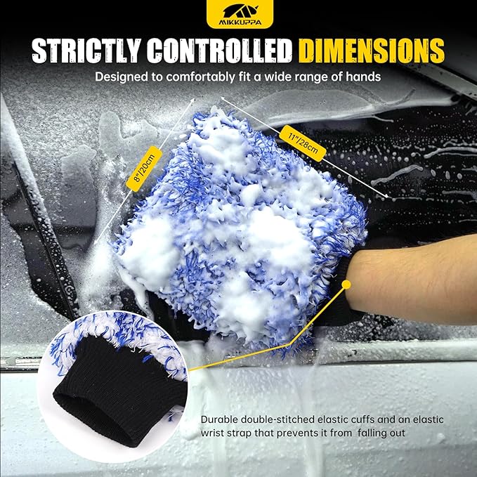 MIKKUPPA Microfiber Car Wash Mitt - Double-Sided Ultra Absorbent Scratch Free Premium Blend Glove for Car Washing Home Cleaning (Blue, 2Pack, 11'' x 8'')