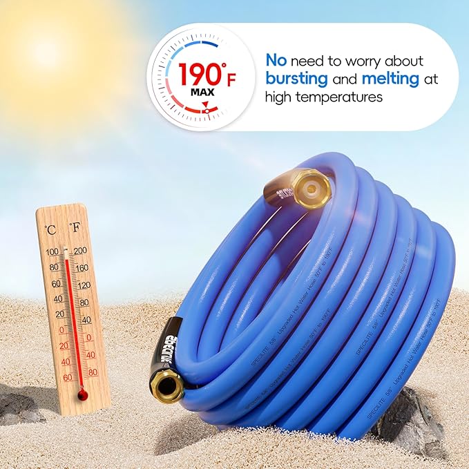 SPECILITE Hot/Cold Garden Water Hose 50 ftx 3/4 in, -50℉ To 190℉, Heavy Duty, Flexible, Burst 605 Psi, Lightweigh, Upgraded Rubber Pipe with 3/4" Brass Fittings For Backyard, Outdoor, Farm, Blue