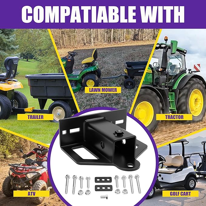Zero Turn Lawn Mower Hitch with 2" Receiver, 6mm Steel Trailer Hitch with Chain Slot, Upgraded Reinforced Washer & Weld-On Bolt Lock System, Universal Fit for Tractor, ATV, Golf Cart, Trailer