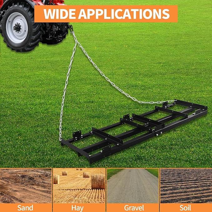 Drag Harrow Driveway Grader, Heavy Duty Power Rake, Driveway Drag for Gravel W/ 4 FT Chain, Tow Behind Lawn Rake for ATV, UTV, Tractor, Mower, Land Leveler for Gravel, Sand, Soil, Hay,6FT