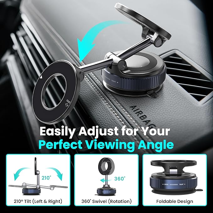 Magnetic Vacuum Phone Holder for Car – Adjustable 360° Strong Suction Mount, MagSafe Compatible Car Mount, iPhone Holder for Dashboard & Windshield, Adsorption Stand for iPhone & Samsung Smartphones