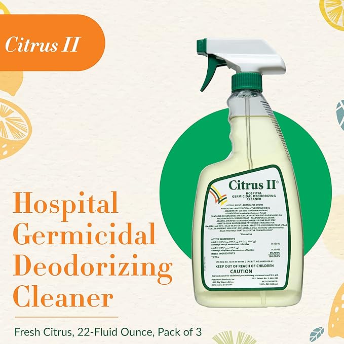 Citrus II Hospital Germicidal Deodorizing Cleaner - Fresh Citrus Scent - Disinfecting Spray Cleaner - 22 Fl Oz - Pack of 3