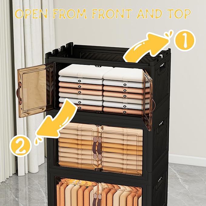 Storage Bins with Lids and Wheels, Collapsible Bathroom Storage Cabinet with Clear Doors, Plastic Stackable Closet Organizers and Storage Containers Black 597 QT