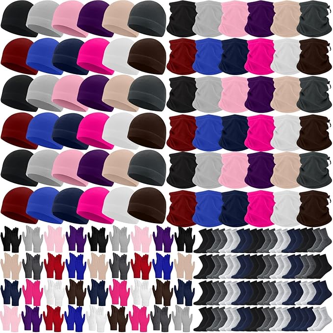 Liitrsh 148 Pcs Bulk Winter Fleece Hats Gloves Scarf Sock Sets for Men Women, Beanies for Homeless Donation Charity Bundle