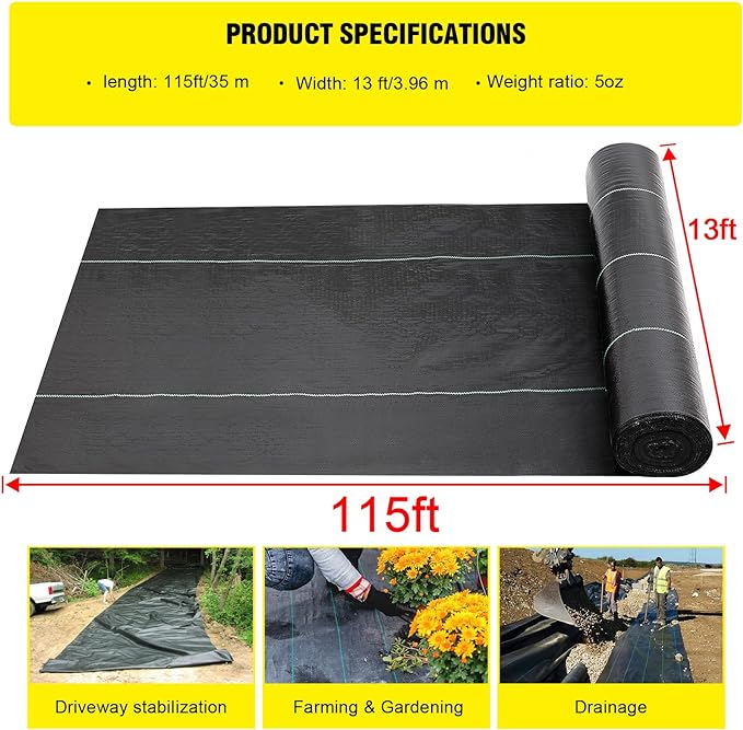 Driveway Fabric, 13x115 ft Commercial Weed Barrier, Heavy Duty 5oz French Drain Fabric for Erosion Control, Landscape Projects