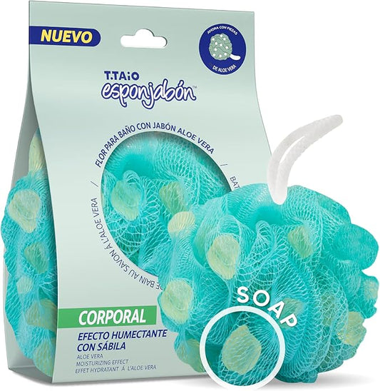 T.Taio Esponjabon Shower Bath Puff Soap Sponge - Loofah Luffa Loufa Body Wash Ball - Mesh Pouf Scrubber for Full Cleanse Lather Skin Care - Essential Beauty Bathroom Accessories - Aloe Vera Scent