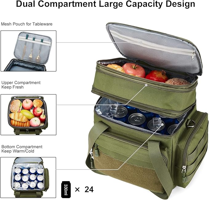 Large Tactical Lunch Box for Men, Insulated Lunch Bag Adult, Thermal Lunchbox Leakproof Waterproof Cooler Bag, Dual Compartment Lunch tote, Large Lunch Pail for Office Camping (Green)24L