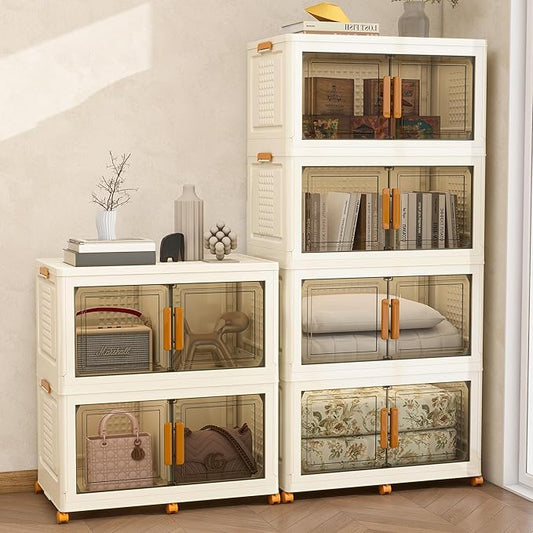 Plastic Stackable Storage Bins with Lids and Wheels, Foldable Closet Organizers and Storage Containers, Collapsible Clear Drawer Storage Cabinet with Doors Ivory White 1080 QT