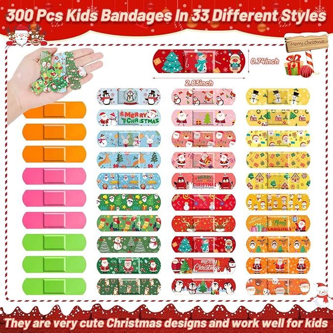 300 Pcs Christmas Kids Bandages 33 Style Cute Cartoon Santa Claus Bandage Flexible Breathable Christmas Character Bandages Strip Protect Cuts for Girls Boys Children Toddlers (Santa Claus)
