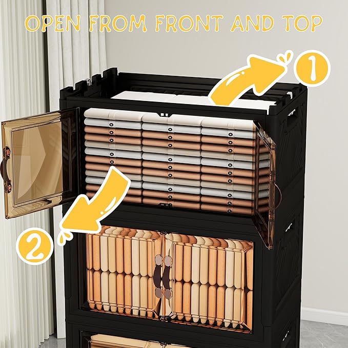 Storage Bins with Lids and Wheels, Collapsible Bathroom Storage Cabinet with Clear Doors, Plastic Stackable Closet Organizers and Storage Containers Black 942 QT