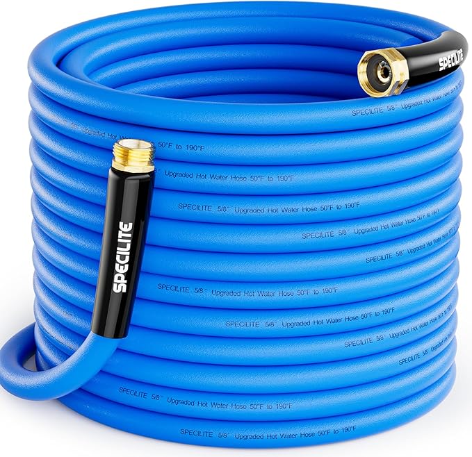 SPECILITE Hot/Cold Garden Water Hose 125 ftx 5/8 in, -50℉ To 190℉, Heavy Duty, Flexible, Burst 605 Psi, Lightweigh, Upgraded Rubber Pipe with 3/4" Brass Fittings For Backyard, Outdoor, Farm, Blue