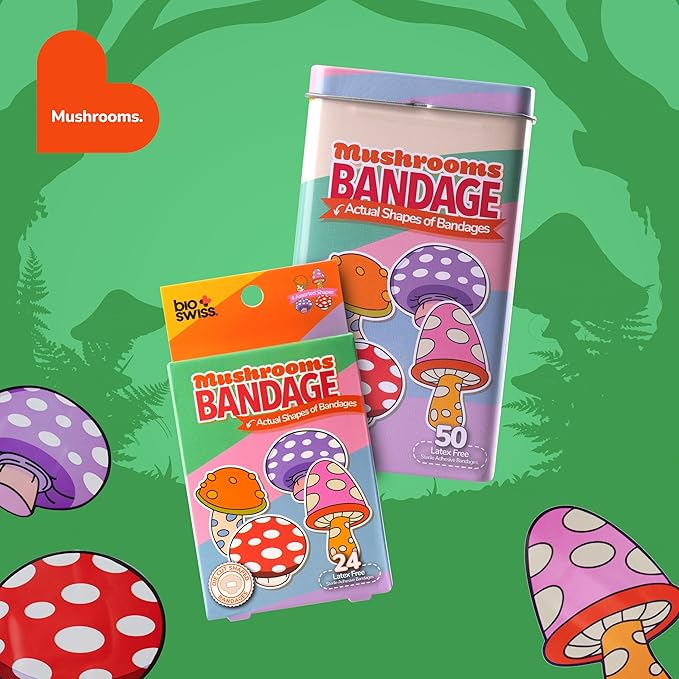 BioSwiss Kids Bandages, Mushroom Shaped Self Adhesive Bandage Set, Latex Free, Sterile Wound Care, 24 Count