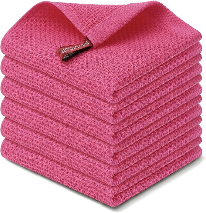 Kitinjoy 100% Cotton Kitchen Dish Cloths, 6 Pack Waffle Weave Ultra Soft Absorbent Dish Towels for Drying Dishes Quick Drying Kitchen Towels Dish Rags, 12 X 12 Inches, Hot Pink
