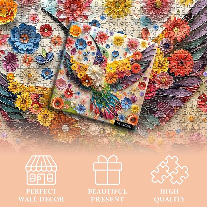 PICKFORU Hummingbird Puzzles for Adults 1000 Pieces, Flower Animal Bird Puzzle Quilling Paper Cut Art, Nature Garden Challenge Jigsaw Puzzle