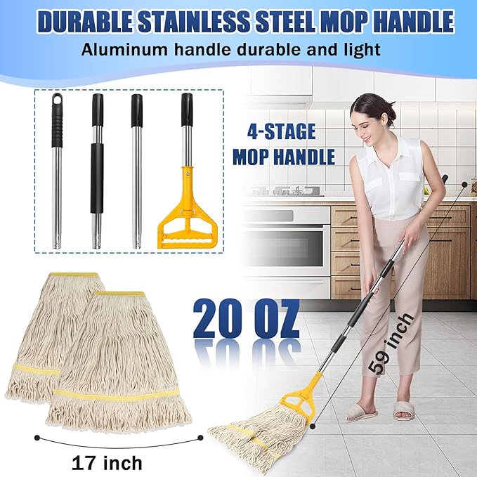 2 Pack 20oz Loop-End String Wet Mop Refills,Heavy Duty Cotton Commerical Industrial Grade Mop Replacements Heads for Home,Workshop,Garage Floors Cleaning,with 63'' Stainless Steel Mop Handle