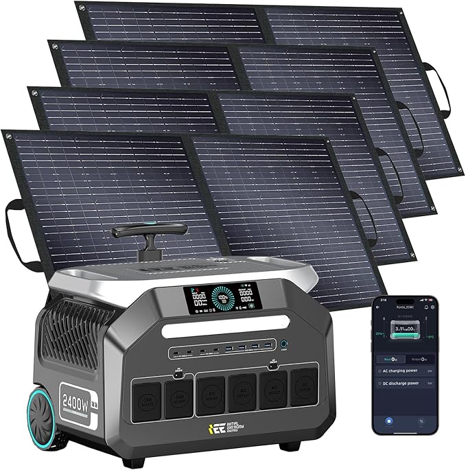 IEE 2400W (5000W Peak) Solar Generator P2400 with 4x100W Solar Panels, 2048Wh Portable Power Station, 1800W AC Charging, AC Outlets x 4, LiFePO4 Battery Power Station for Home Backup, Camping, RV