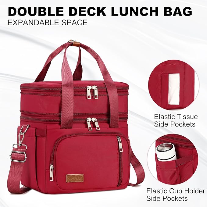 Lunch Box for Men Women - Double Deck Insulated Lunch Bag, Large Leak Proof Tote Cooler, Wide Open Dual Compartment Lunch Bags with Shoulder Strap, For Work Picnic Hiking Beach, Red