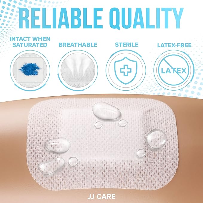 JJ CARE Waterproof Adhesive Island Dressing [Pack of 50], 4" x 5" Sterile Bordered Gauze, Breathable Island Wound Dressing, Individually Wrapped Adhesive Gauze Bandages with Non-Stick Central Pad