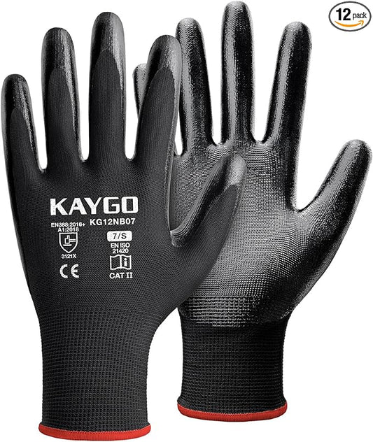 KAYGO Work Gloves Nitrile Coated, 12 Pairs KG12N, Seamless Knit, Protective Safety Work Gloves with Good Grip for General Work,Black,S