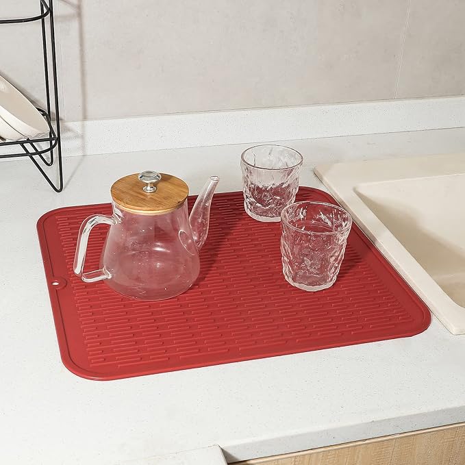 Silicone Dish Drying Mat for Multiple Usage,Easy clean,Eco-friendly,Heat-resistant Silicone Mat for Kitchen Counter or Sink,Refrigerator or Drawer Liner Red XL 18 inches x 16 inches