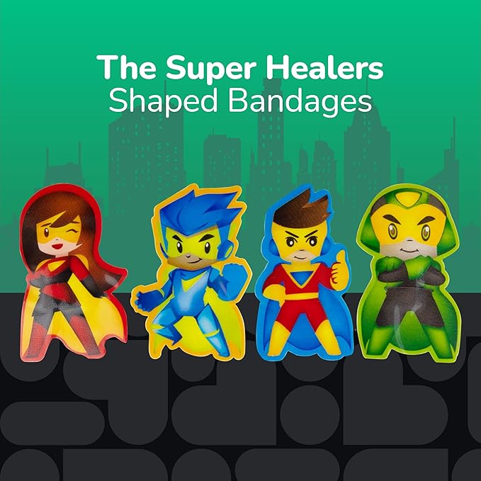 BioSwiss Kids Bandages, Super Healers Superhero Shaped Self Adhesive Bandage Set, Latex Free, Sterile Wound Care, 50 Count