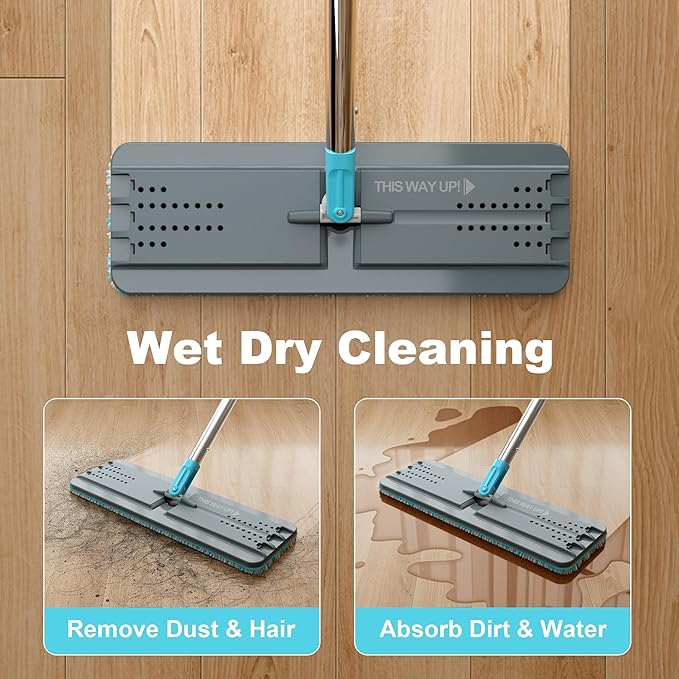 JOYMOOP Flat Mop, Microfiber Mops for Floor Cleaning and Wall Cleaner, 60" Long Handle with Flexible 13" Flat Head with a Microfiber Mop Pad - Grey & Cyan Blue