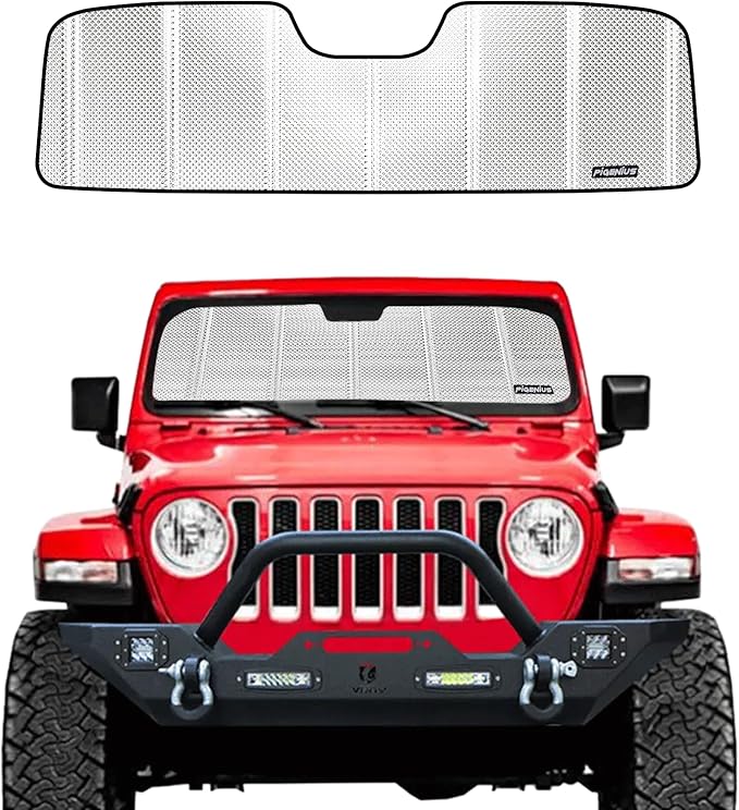 Windshield Sun Shade for Jeep Wrangler 2018-2025; Jeep Gladiator 2020-2025. Reflective Aluminum Film Front Window Sunshade - BLAZBLOCK