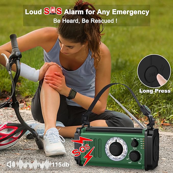Crank Emergency Weather Radio, Solar Hand Crank Portable AM/FM/NOAA Weather Radio,Dynamo Radio,Crank Flashlight&Reading Lamp,Earphone Jack, SOS,Compass for Hurricane Storm Camping Outdoor Survival Kit