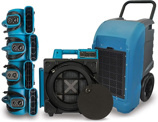 XD-125 Commercial Water Flood Damage Restoration Package for Home Garage Basements Restrooms Restaurants Crawl Spaces-Includes 4 Mini Air Movers,Dehumidifier,Mini HEPA Air Scrubber-Blue