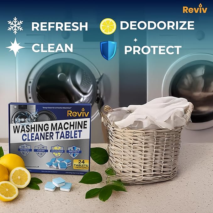 REVIV Washing Machine Cleaner Tablets – 24 Count, 12-Month Supply – Deep Cleaning & Odor-Removing Tablets for Front Load, Top Load & HE Washers – Biodegradable, Septic-Safe, Non-Toxic Descaler